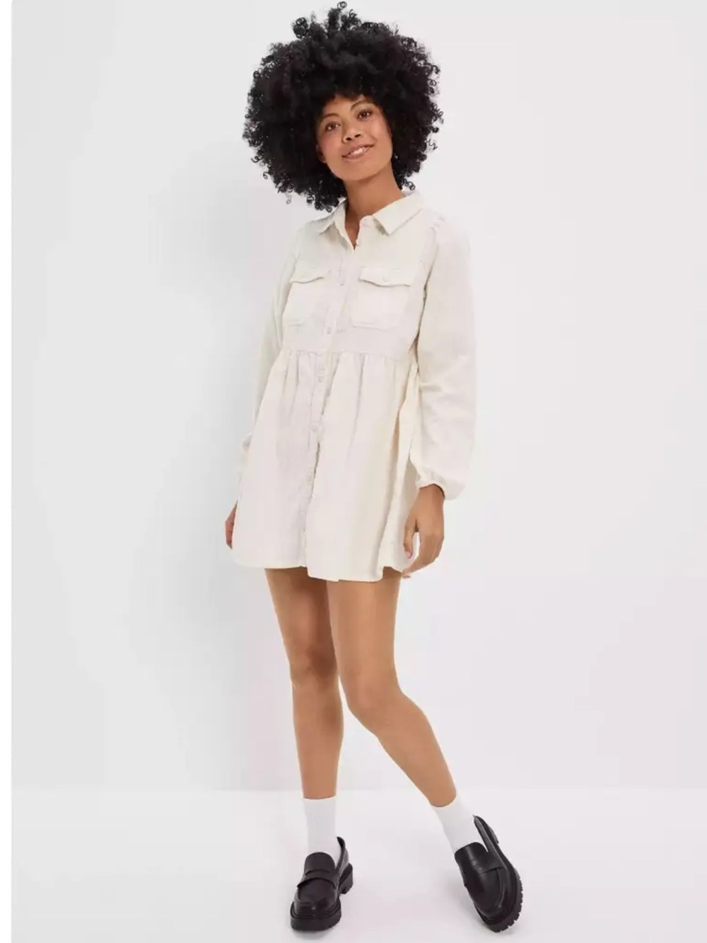 American Eagle Cream Corduroy Button-Front Babydoll Mini Dress Size XL